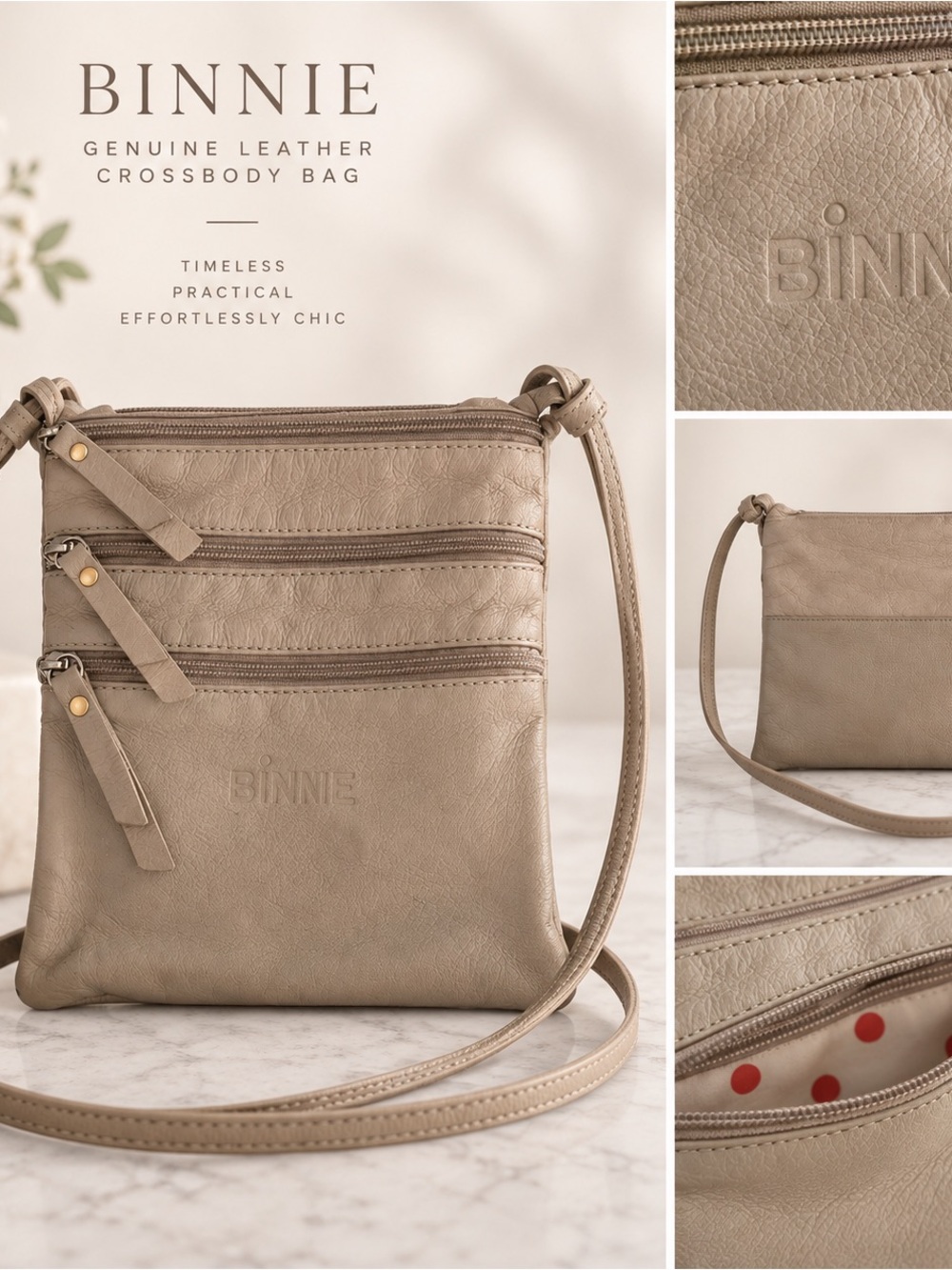 Taupe Genuine Leather Triple Zip Crossbody Bag Small
